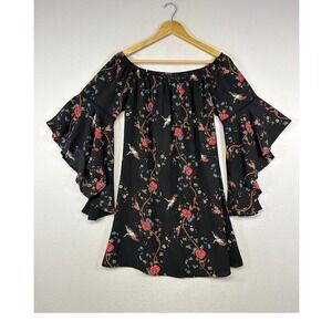 Boho Cottagecore Wishful Women Large Black Floral Crane Bell Sleeve Mini Dress